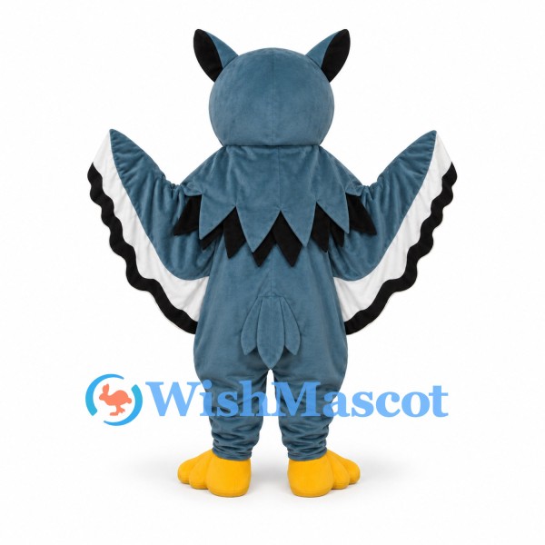 Owl Mascot Costume in Blue Gray with Layered Black and White Wings