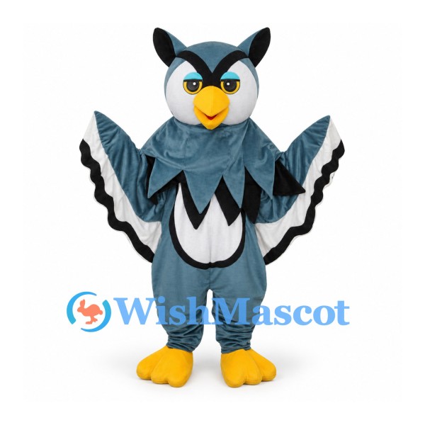 Owl Mascot Costume in Blue Gray with Layered Black and White Wings
