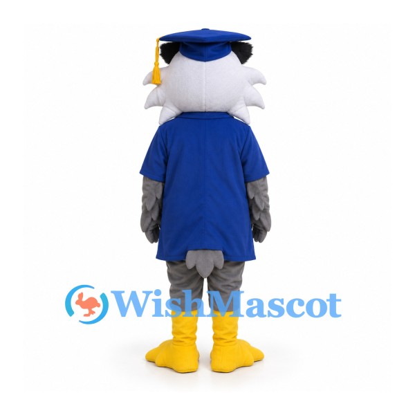Graduation Owl Mascot Costume with Blue Gown and Mortarboard