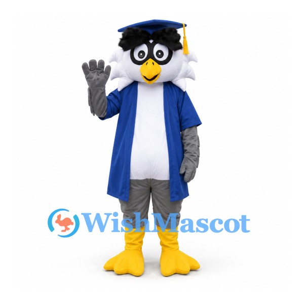 Graduation Owl Mascot Costume with Blue Gown and Mortarboard