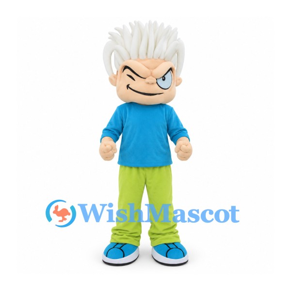 Boy Mascot Costume with Spiky White Hair and Lime Green Pants