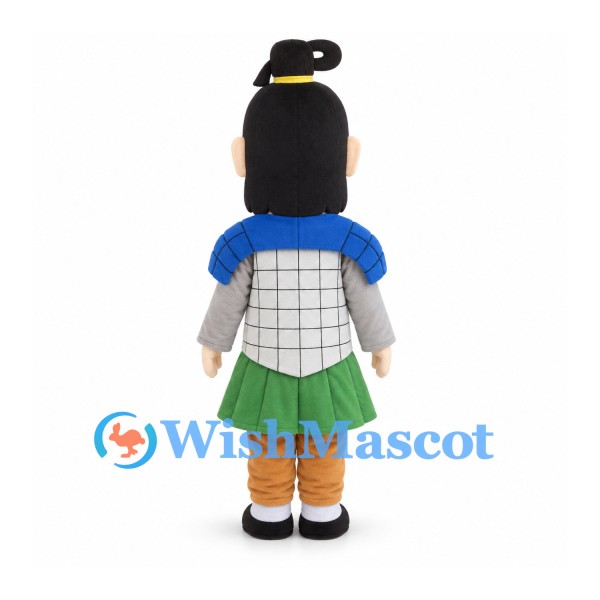 Warrior Mascot Costume with Gray Armor and Black Topknot