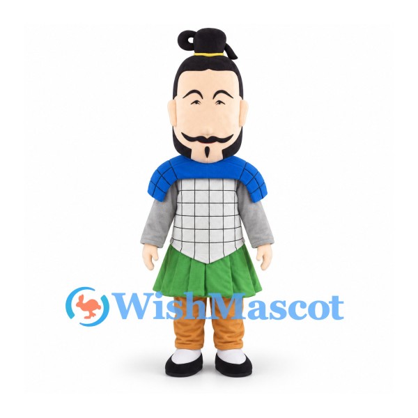 Warrior Mascot Costume with Gray Armor and Black Topknot