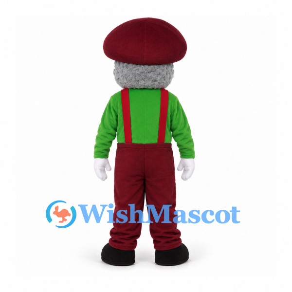 Grandfather Mascot Costume with Burgundy Hat and Green Shirt