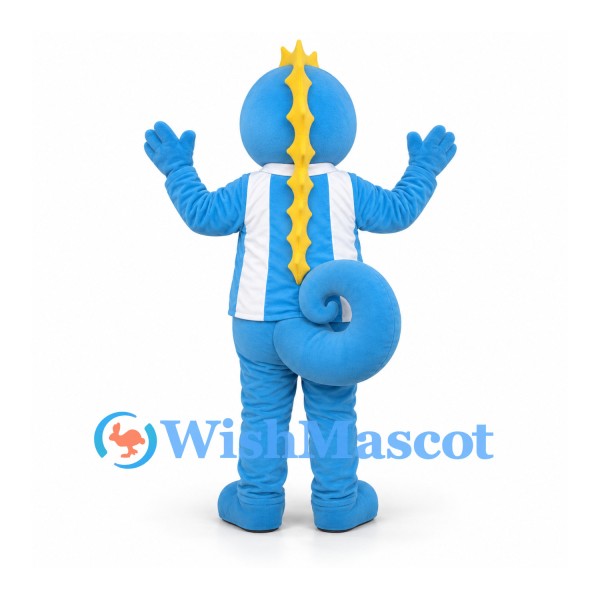 Seahorse Mascot Costume in Blue with Striped Shirt and Yellow Crown
