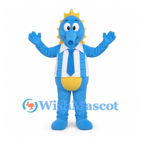 Seahorse Mascot Costume in Blue with Striped Shirt and Yellow Crown