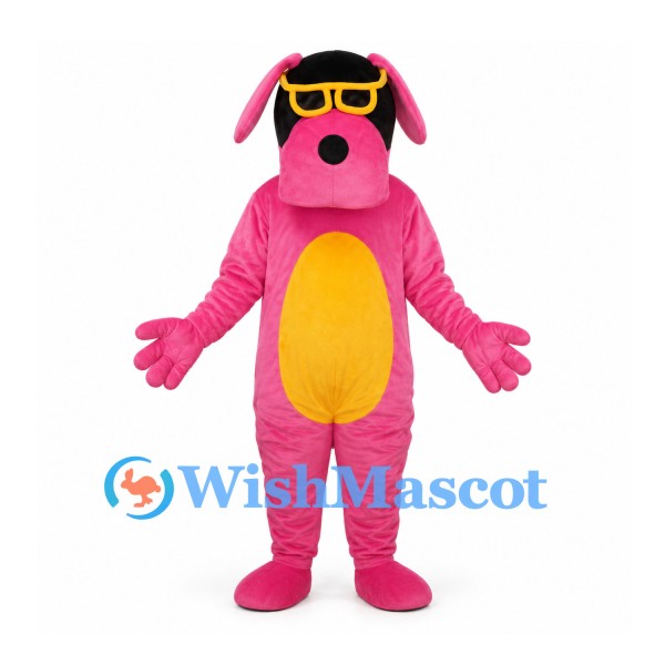 Dog Mascot Costume in Pink with Yellow Belly and Sunglasses