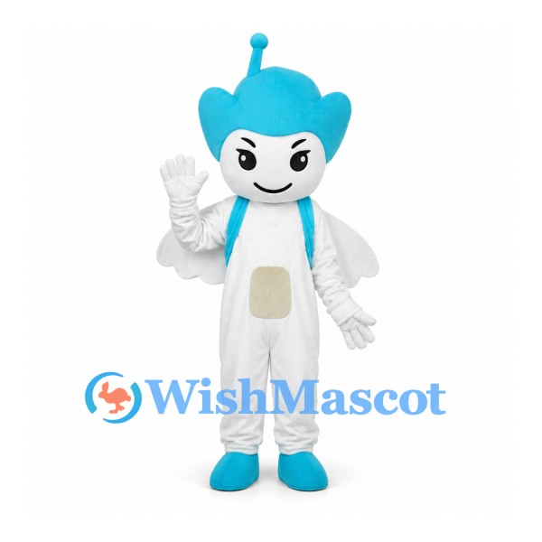 Space Character Mascot Costume in White with Blue Head and Shoes