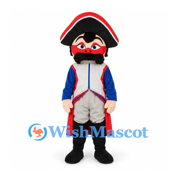 Pirate Mascot Costume with Black Tricorn Hat and Blue Coat