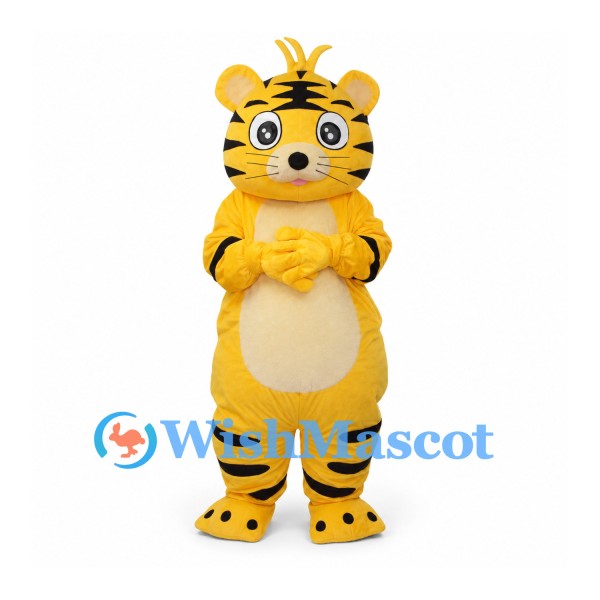 Tiger Mascot Costume in Yellow with Rounded Belly and Black Stripes