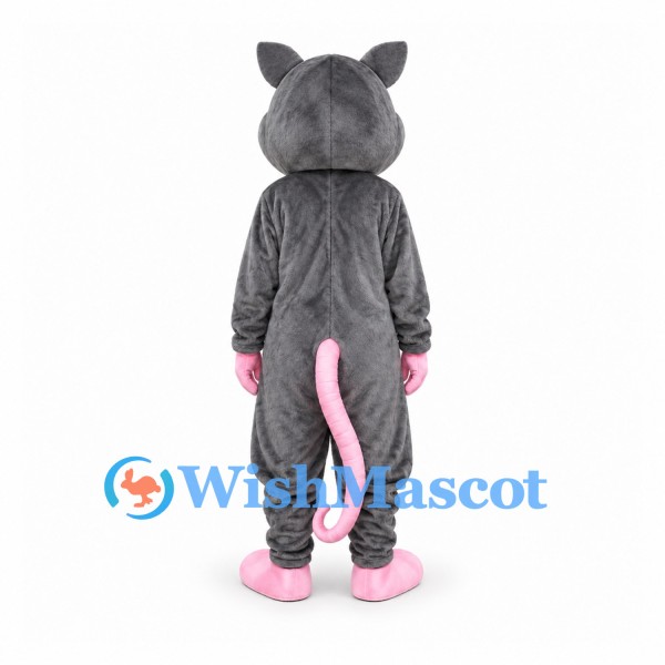 Mouse Mascot Costume in Gray with Pink Tail and Inner Ears