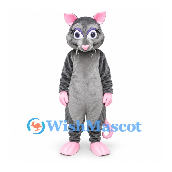 Mouse Mascot Costume in Gray with Pink Tail and Inner Ears