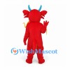 Dragon Mascot Costume in Red with Blue Horns and Yellow Belly
