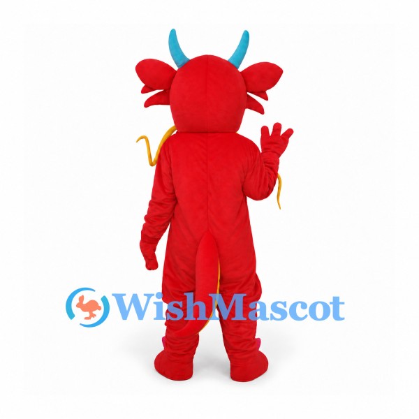 Dragon Mascot Costume in Red with Blue Horns and Yellow Belly