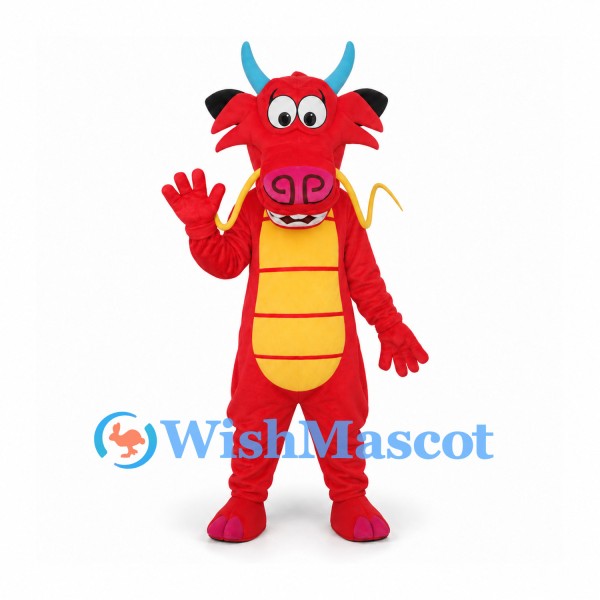 Dragon Mascot Costume in Red with Blue Horns and Yellow Belly