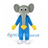Elephant Mascot Costume in Blue with Gray Head and Yellow Tie