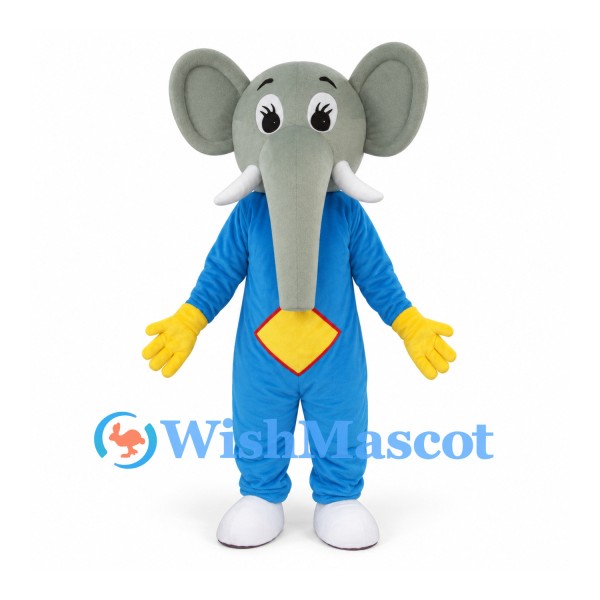 Elephant Mascot Costume in Blue with Gray Head and Yellow Tie