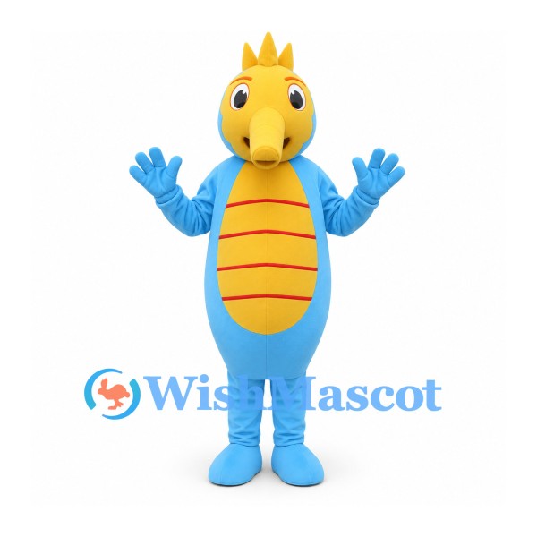 Seahorse Mascot Costume in Blue with Yellow Head and Belly