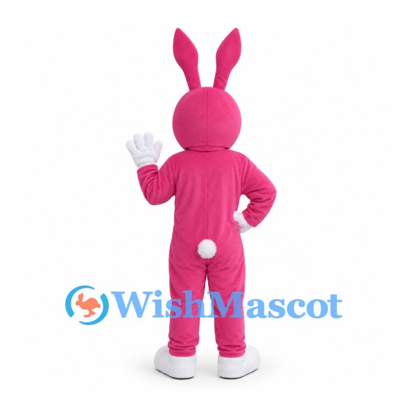 Rabbit Mascot Costume in Pink with White Belly and Smiling Face