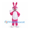 Rabbit Mascot Costume in Pink with White Belly and Smiling Face