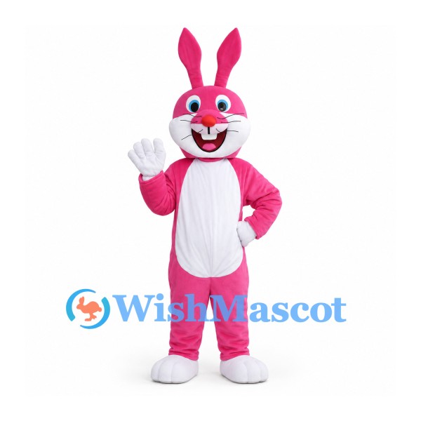 Rabbit Mascot Costume in Pink with White Belly and Smiling Face