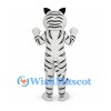 White Tiger Mascot Costume with Black Stripes and Open Mouth