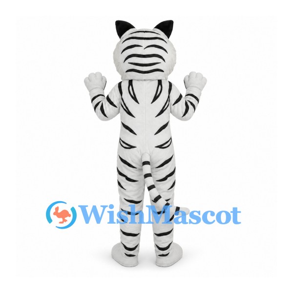 White Tiger Mascot Costume with Black Stripes and Open Mouth