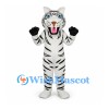 White Tiger Mascot Costume with Black Stripes and Open Mouth