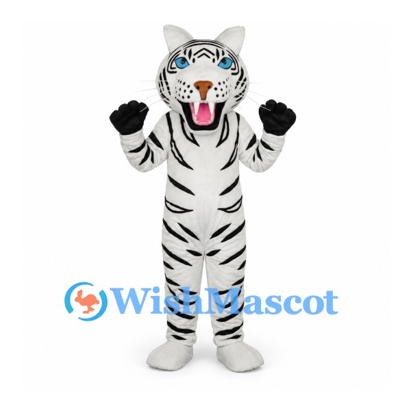 White Tiger Mascot Costume with Black Stripes and Open Mouth