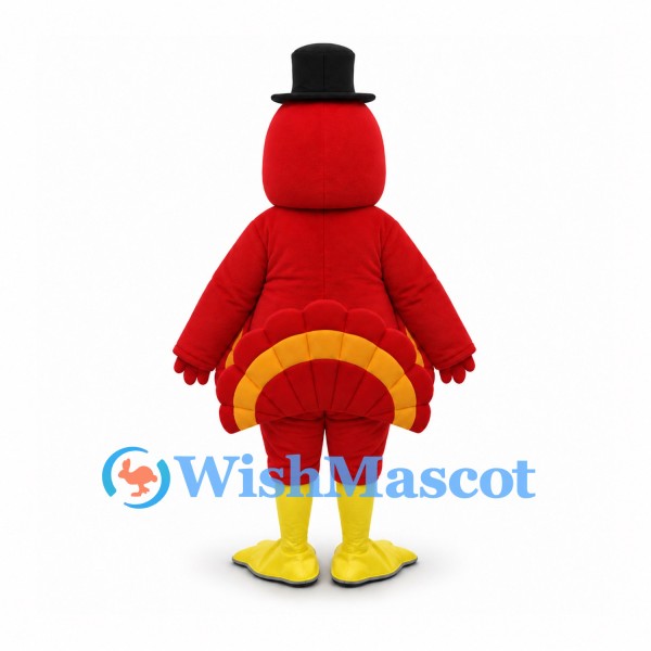 Turkey Mascot Costume in Red with Black Top Hat and Green Tie