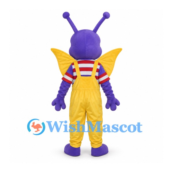 Butterfly Mascot Costume in Purple with Yellow Overalls and Wings