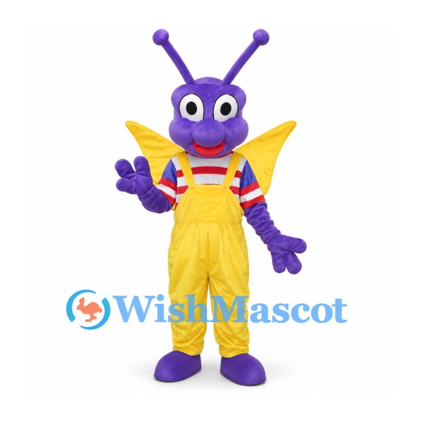 Butterfly Mascot Costume in Purple with Yellow Overalls and Wings