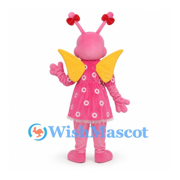 Butterfly Mascot Costume in Pink with Flower Dress and Yellow Wings