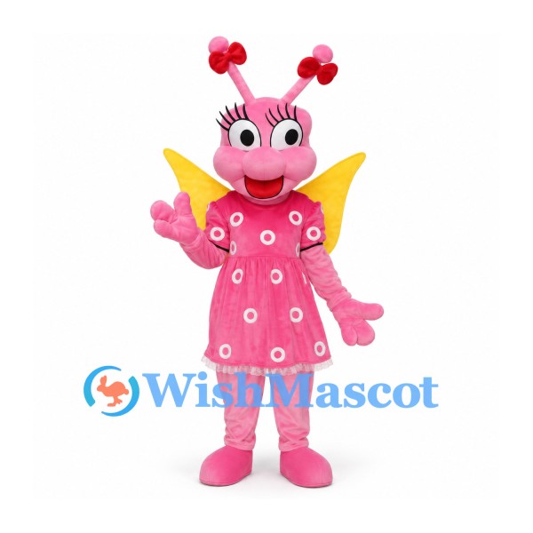 Butterfly Mascot Costume in Pink with Flower Dress and Yellow Wings