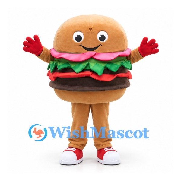 Hamburger Mascot Costume with Smiling Face and Red Gloves