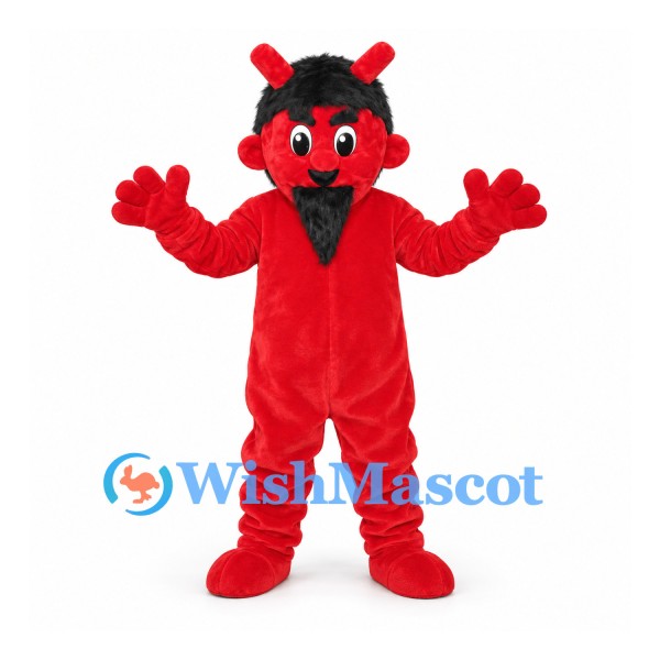 Devil Mascot Costume in Red with Black Hair and Small Horns