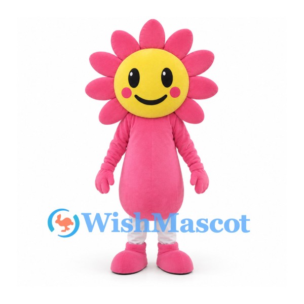 Flower Mascot Costume with Pink Petals and Yellow Smiling Face