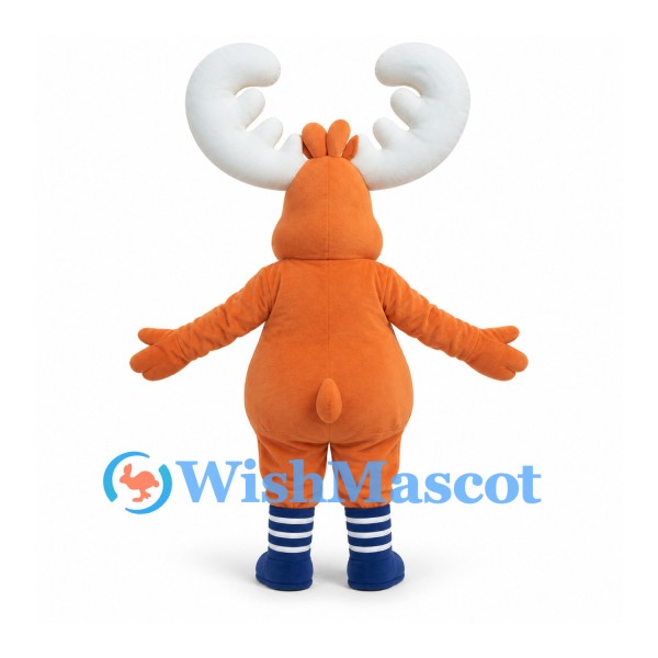 Moose Mascot Costume in Orange with White Antlers and Blue Socks