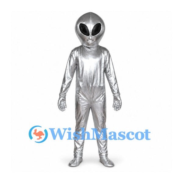 Alien Mascot Costume in Silver with Large Black Eyes