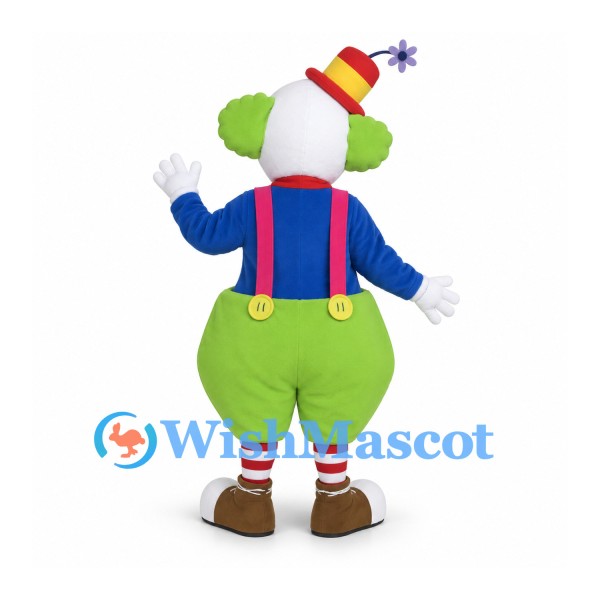 Clown Mascot Costume with Green Hair and Bright Patchwork Outfit