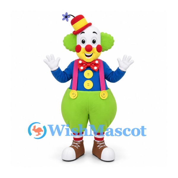 Clown Mascot Costume with Green Hair and Bright Patchwork Outfit