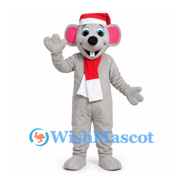 Mouse Mascot Costume in Gray with Santa Hat and Red Scarf