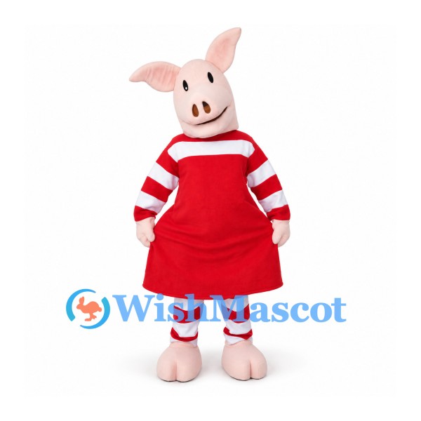 Pig Mascot Costume with Red Dress and Striped Sleeves