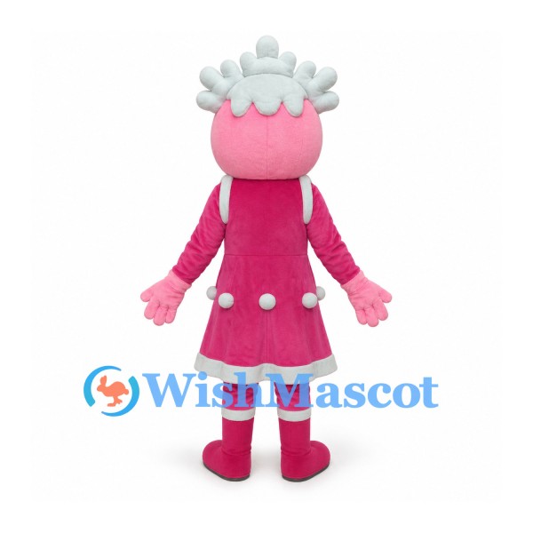 Doll Mascot Costume with Pink Dress and Pale Blue Curled Hair