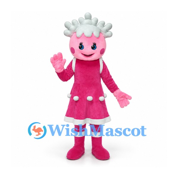 Doll Mascot Costume with Pink Dress and Pale Blue Curled Hair