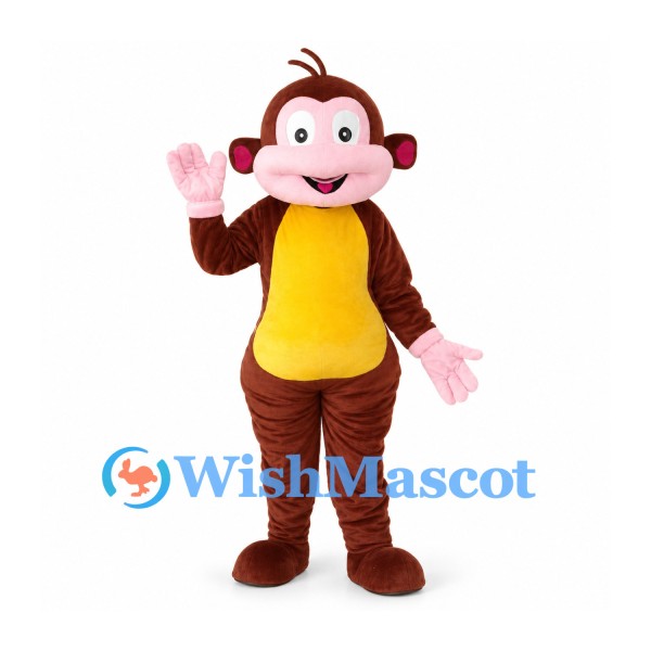 Monkey Mascot Costume in Brown with Yellow Belly and Pink Face