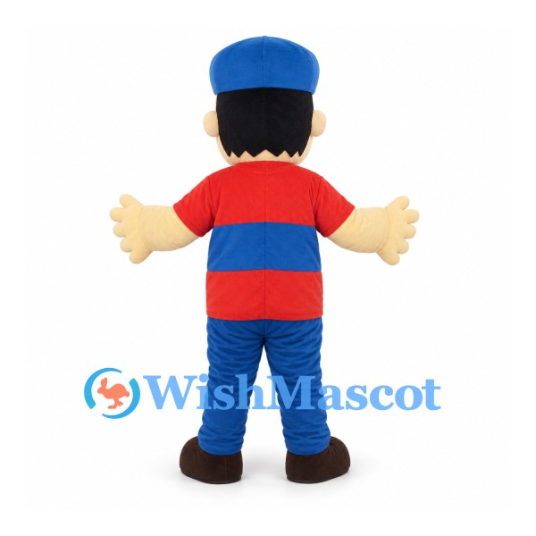 Mustached Man Mascot Costume with Blue Cap and Red Shirt