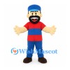 Mustached Man Mascot Costume with Blue Cap and Red Shirt