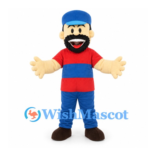 Mustached Man Mascot Costume with Blue Cap and Red Shirt