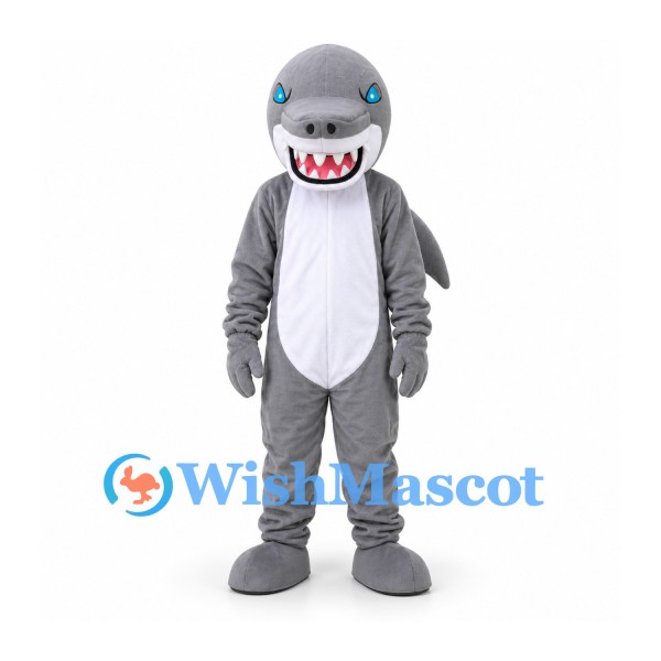Shark Mascot Costume in Gray with White Belly and Pointed Teeth